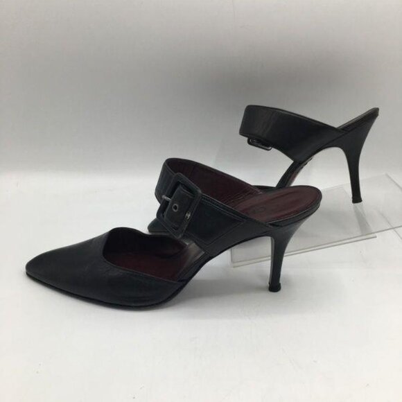 Vintage CHANEL Black Leather Interlocking CC Buckle Heeled Mules Size 39.5 Italy - Picture 5 of 8